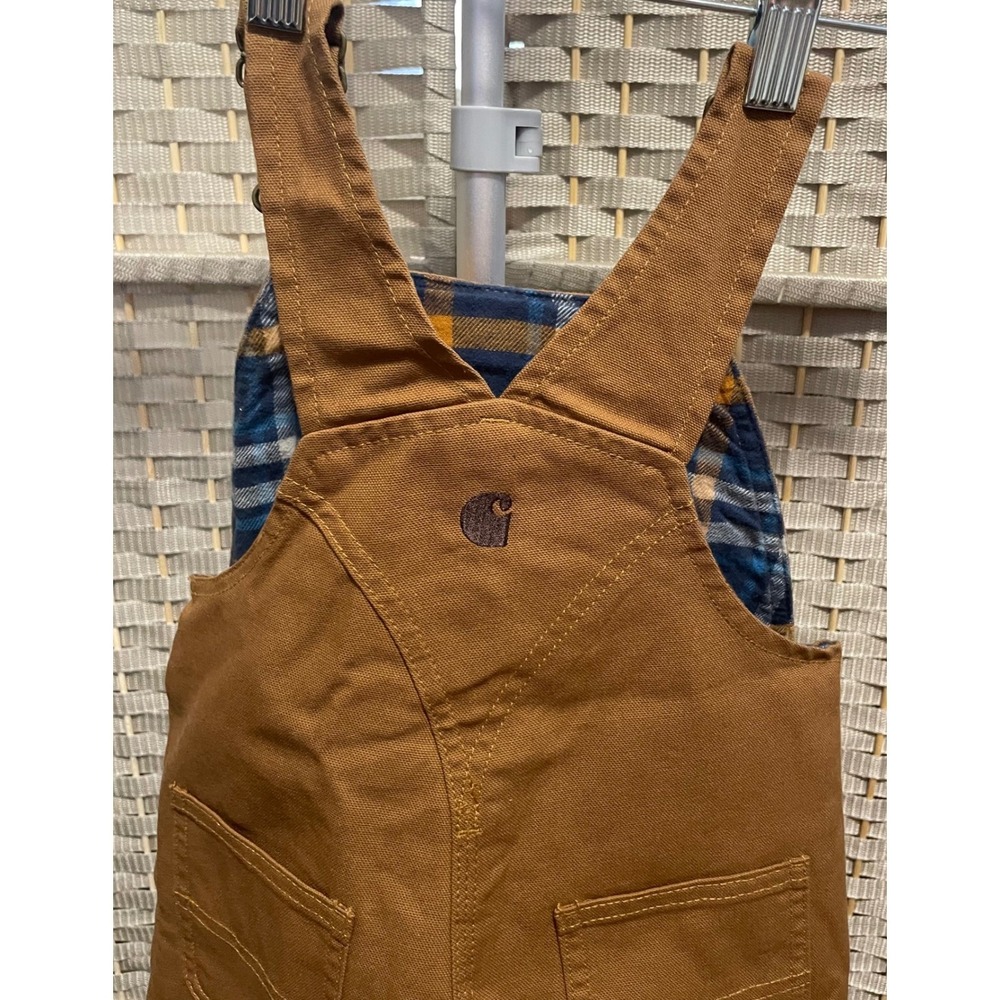 NWT Carhartt Kids Flannel Lined Duck Bib Overalls Brown Plaid Size 4T - Picture 7 of 15